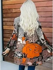 Halloween Women's Coat Lightweight Comfortable Pumpkin Print Vintage Artistic Casual Skull Casual Long Collarless Regular Fit Long Sleeve Outerwear Black White Pink Spring Fall