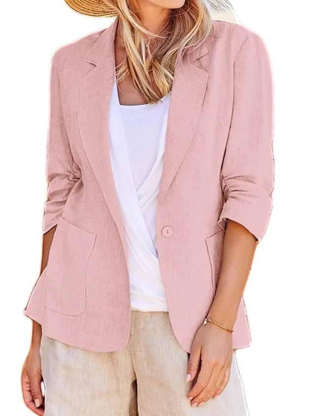 Lapel Collar Long Sleeve Plain Regular Loose Blazer For Women