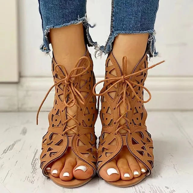 Women's Sandals Gladiator Sandals Roman Sandals Plus Size Outdoor Daily Beach Summer Lace-up Flat Heel Peep Toe Vintage Classic Casual Faux Leather Lace-up Solid Color Black White Brown