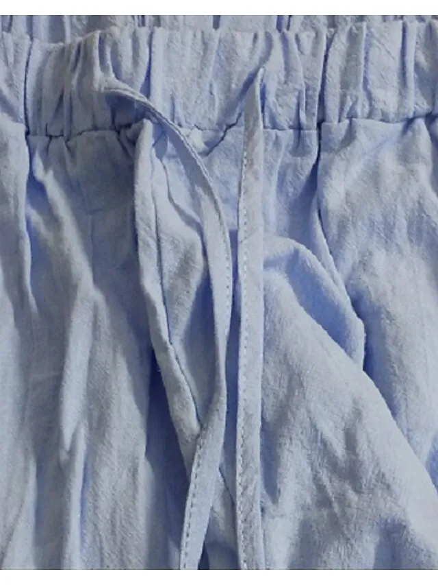 Women's Basic Essential Classic Culottes Wide Leg Chinos Drawstring Pants Casual Inelastic Solid Colored Faux Linen Lightweight Mid Waist Loose Black Blue Gray Dusty Blue S M L XL XXL