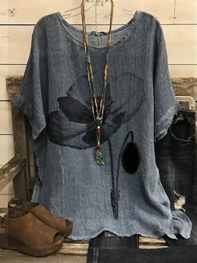 Women's Plus Size Shirt Blouse Floral Heart Lotus Butterfly Dandelion Print Short Sleeve Daily Vacation Vintage Basic Casual Crew Neck Regular Fit Dolman Sleeve Summer Spring