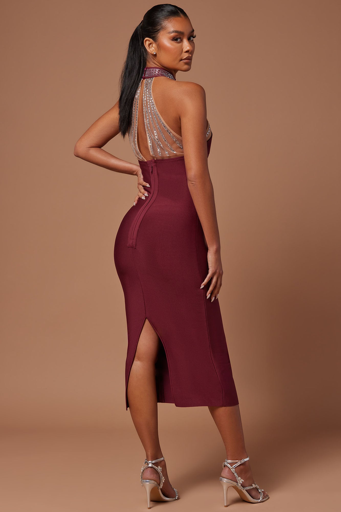Lina Embellished Bandage Midi Dress - Burgundy