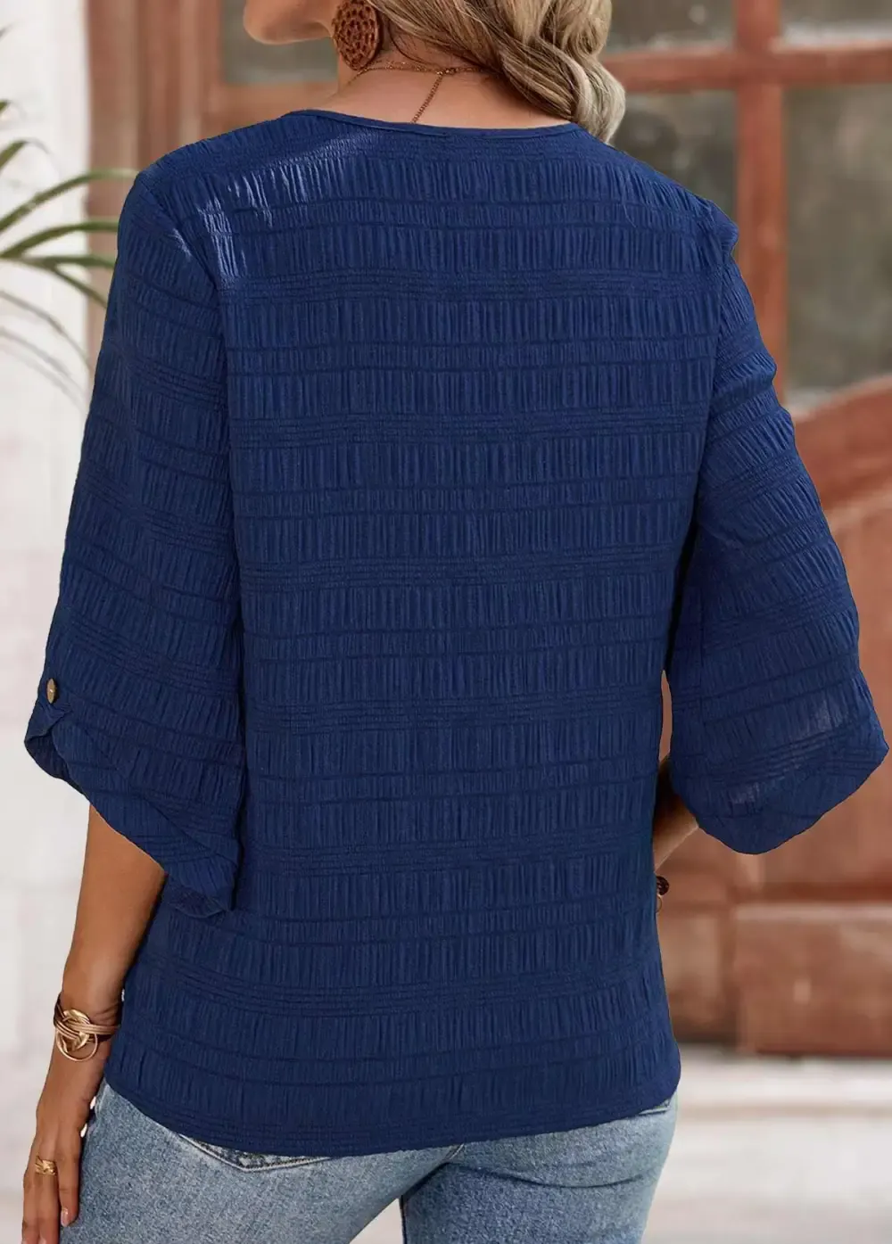 Navy Button 3/4 Sleeve Round Neck Blouse