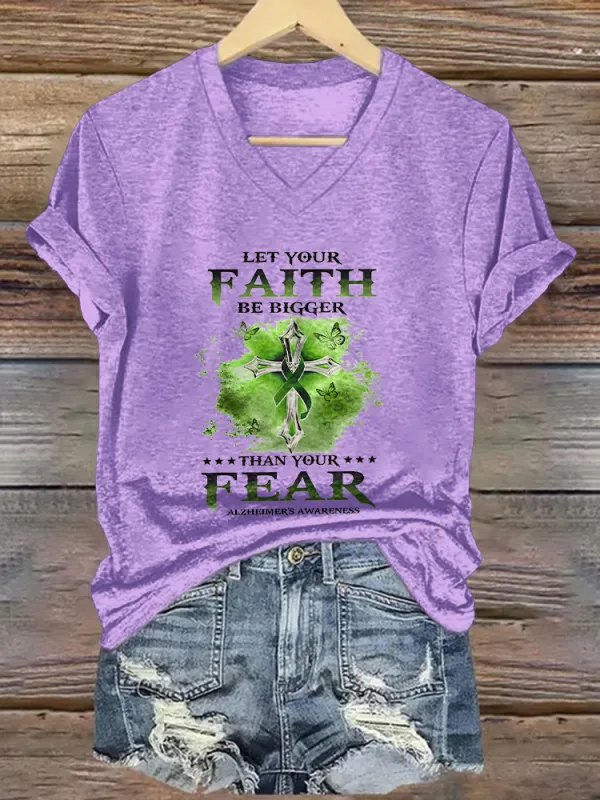 Women'S  Let Your Faith Be Bigger Then Your Fear Alzheimer'S Awareness V-Neck T-Shirt