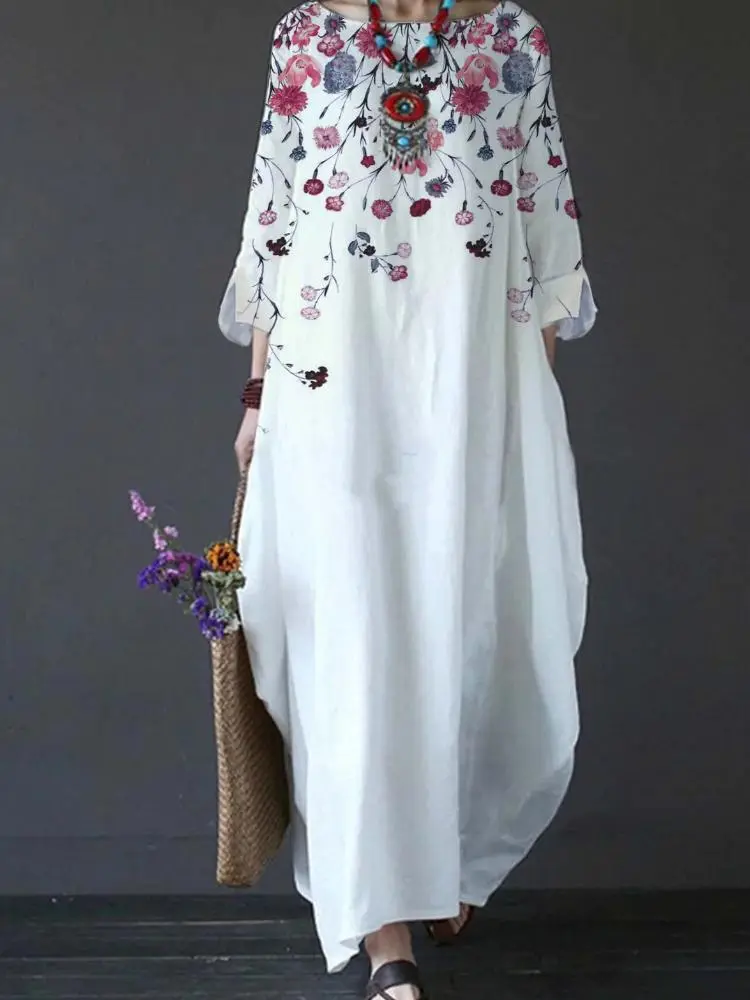 Women's Loose Slit Cuff Floral Printed Dress