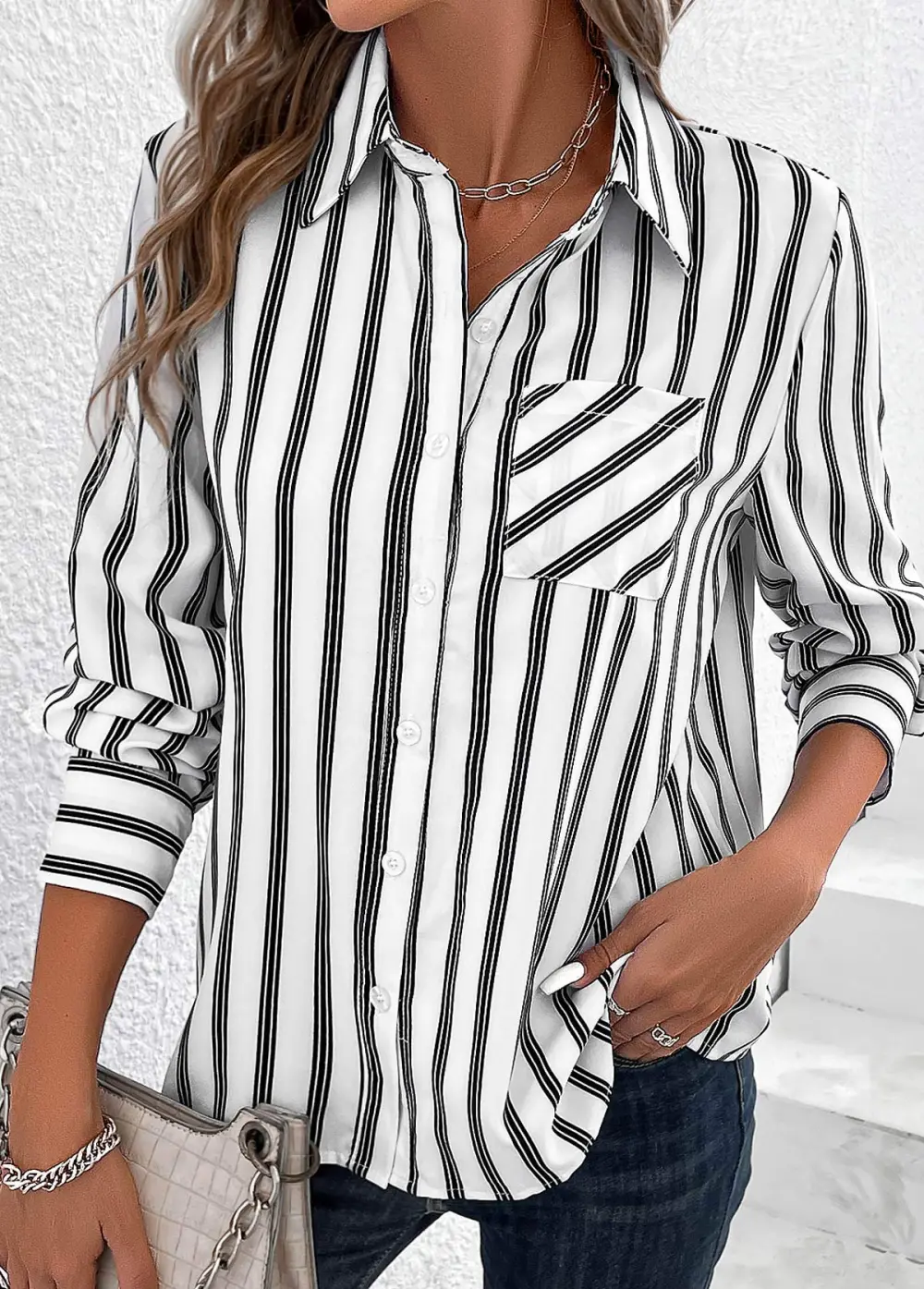 White Pocket Striped Long Sleeve Shirt Collar Blouse