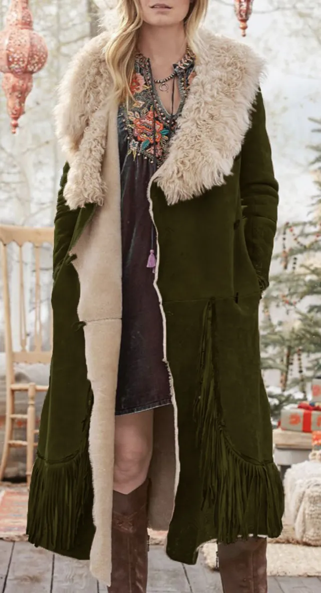 Women's Plush Lapel Fringe Long Coat