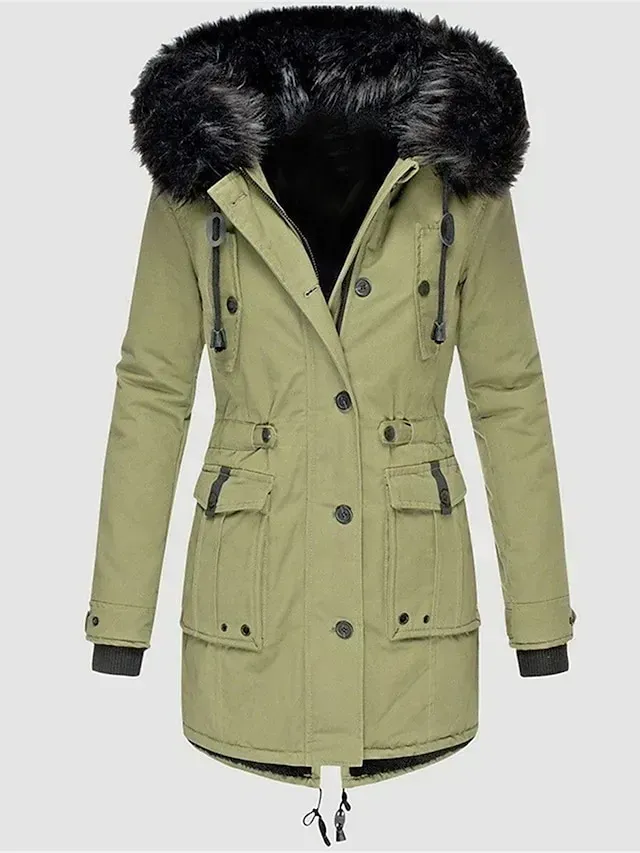 Women's Parka Winter Coat Mid-Length Puffer Jacket with Fur Collar Thermal Warm Heated Jacket Fleece Lined with Pockets Zip up Drwastring Hooded Outerwear Long Sleeve Fall Light Yellow Light Pink
