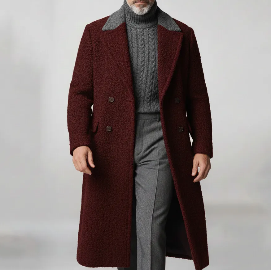Men's Burgundy Two Tone Lapel Collar Double Breasted Long Sleeve Textured Overcoat