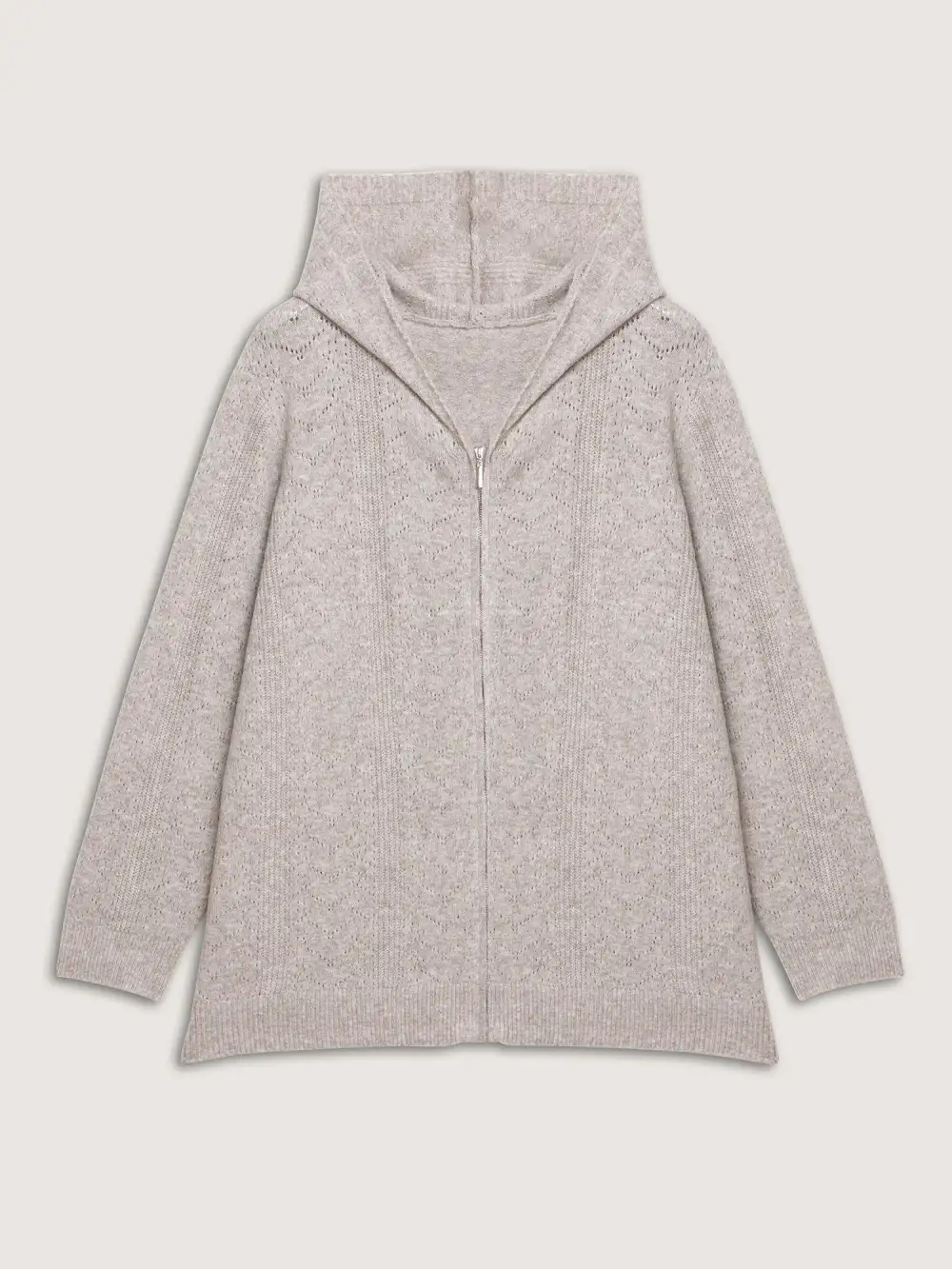 Hooded Zipper-Front Knit Cardigan