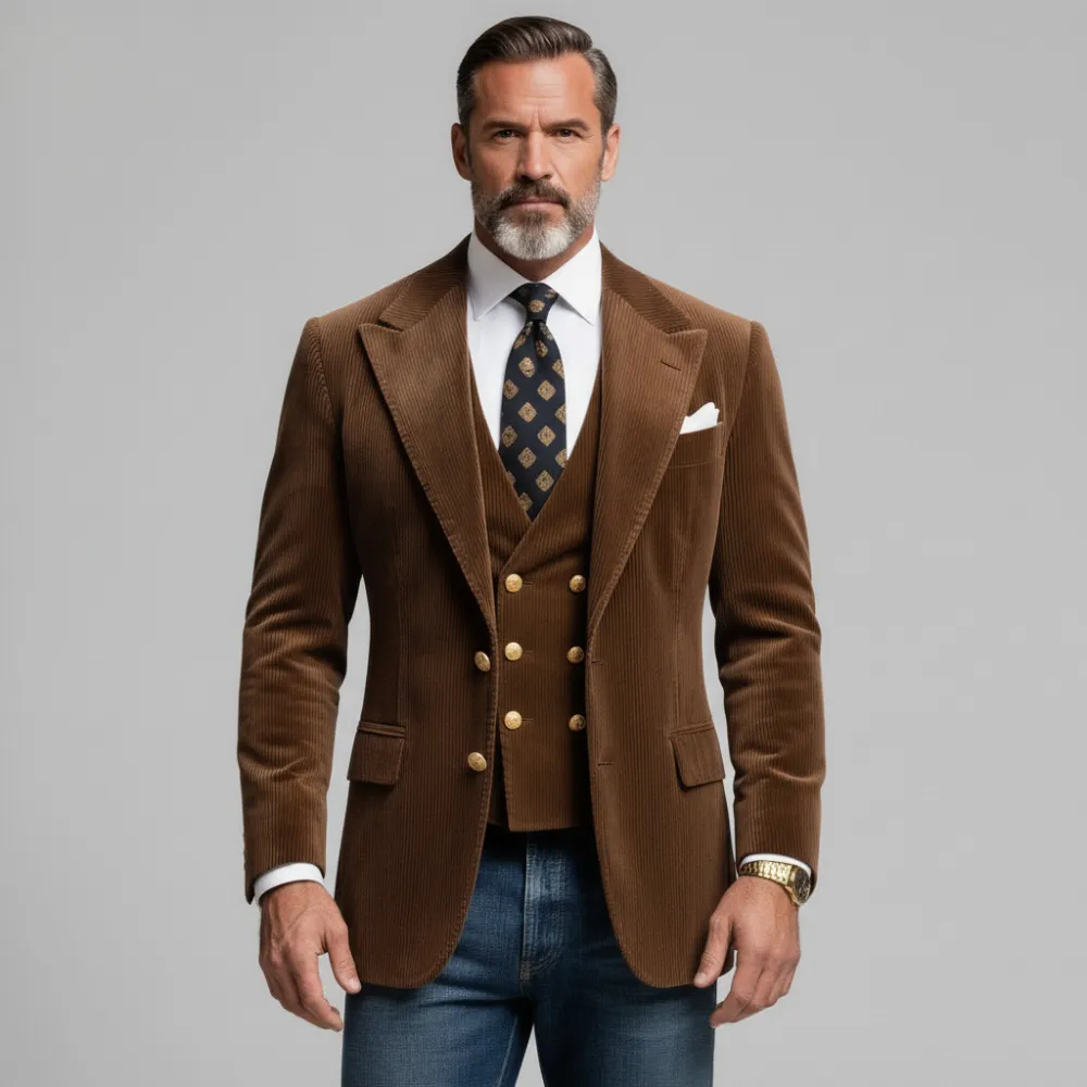 Men's Brown Peaked Lapel Long Sleeve Single Breasted Chest Pocket Corduroy Blazer