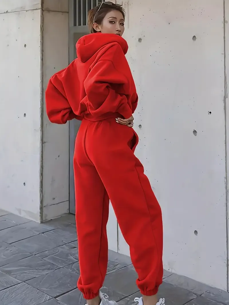 2PCS Oversized Athleisure Set: Solid Hooded Pocket Drawstring Sweatshirts & Sweatpants Sets for Women, Plus Size Comfortable Clothing