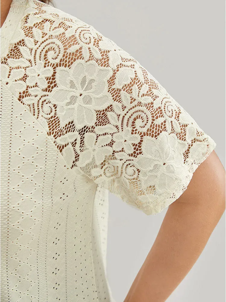 Solid Broderie Anglaise Lace Raglan Sleeve T-shirt