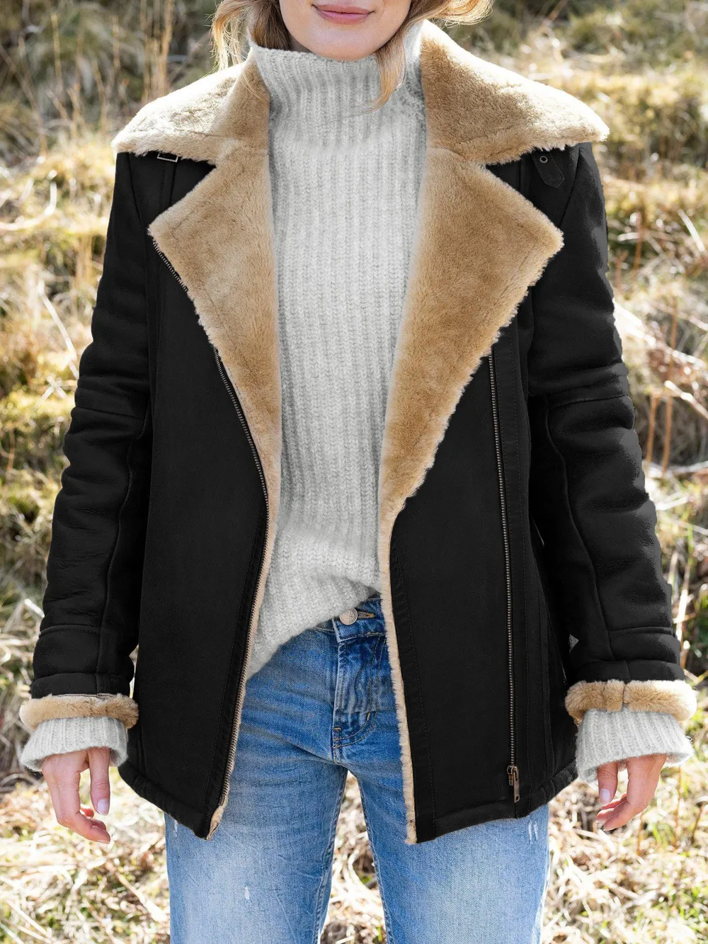 Boyfriend Aviator Sheepskin Jacket, Antique/Camel