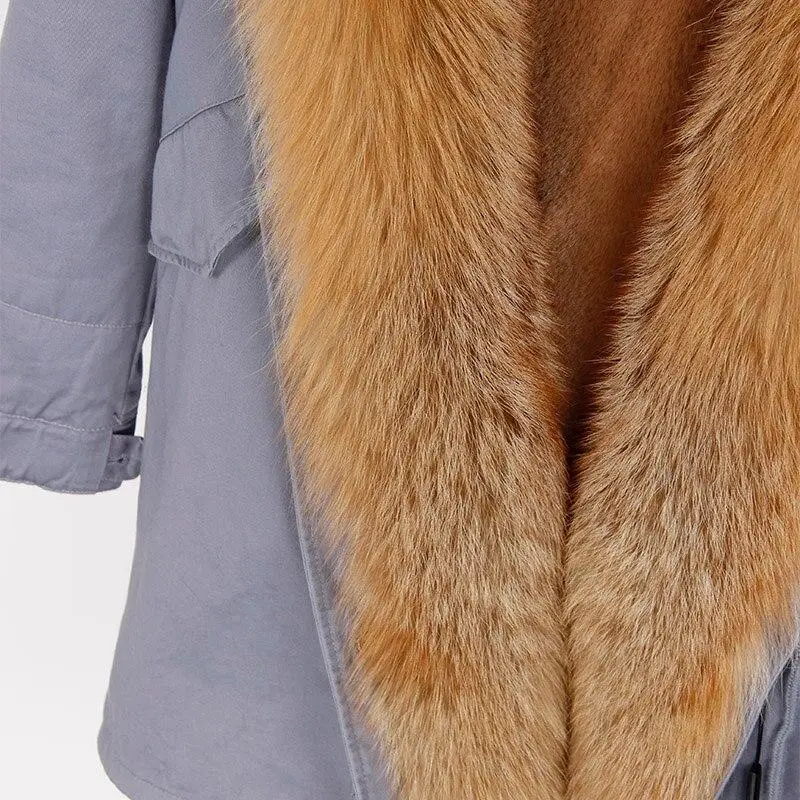 Women's Parka Natural Fox Fur Long Coat Artificial Fur Lining Fur