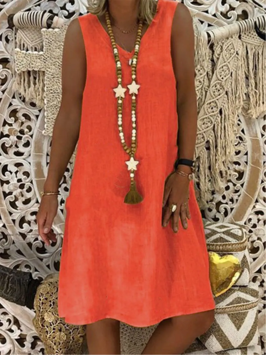 Plus Size Linen V Neck Sleeve Solid Midi Dresses (Without Necklace)