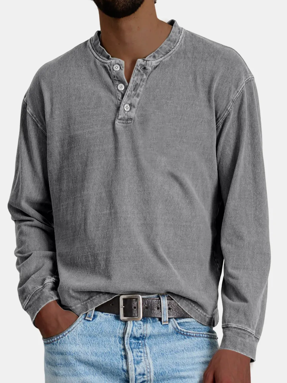 Men's Retro Casual Distressed Solid Color Button-Down Henley Shirt