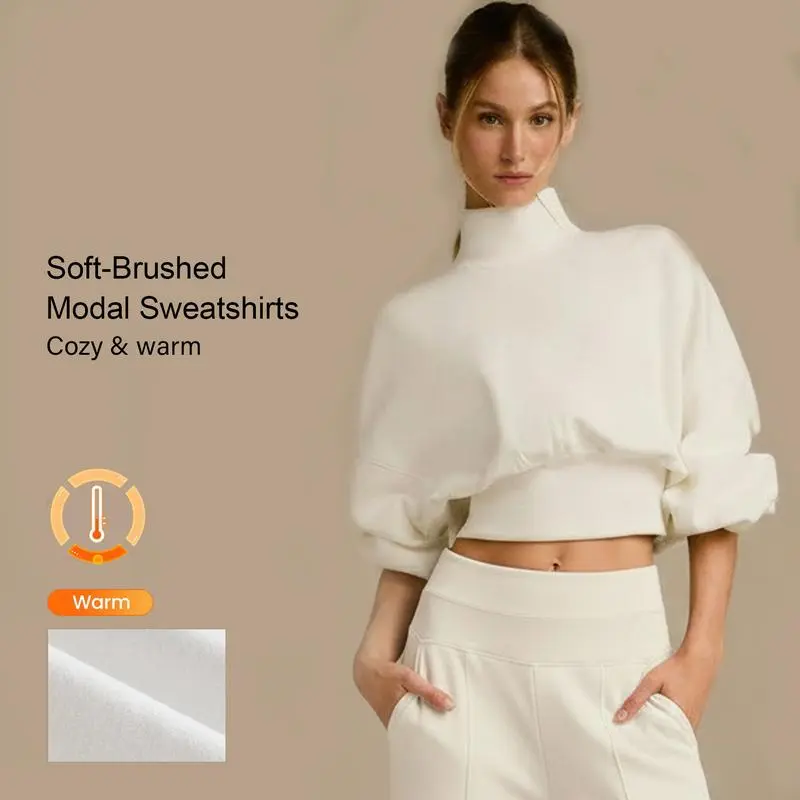 Turtleneck Puff-Sleeve Crop Top & Wide-Leg Pants Set