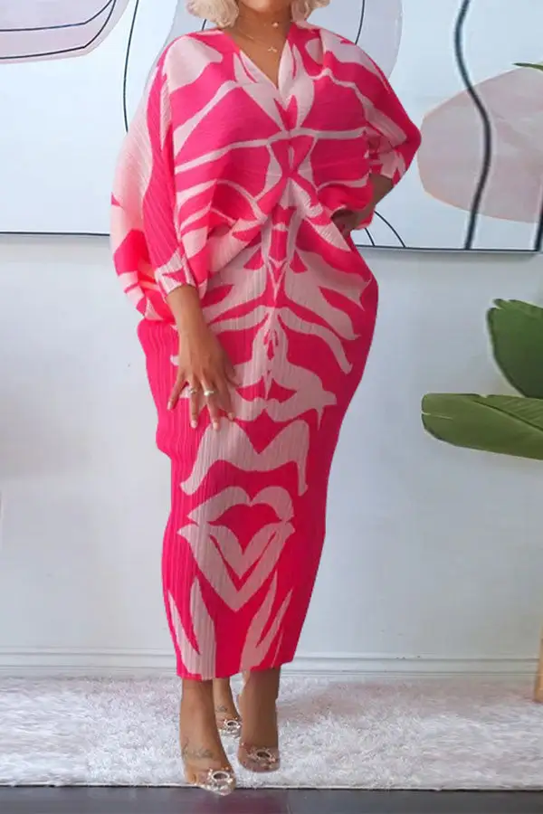 Abstract Print Stylish Batwing Sleeve Midi Dress