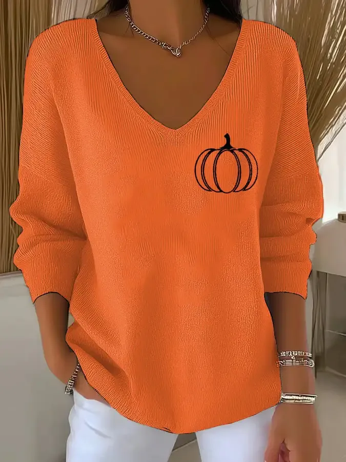 Women's Retro Autumn Pumpkin Print Sweater