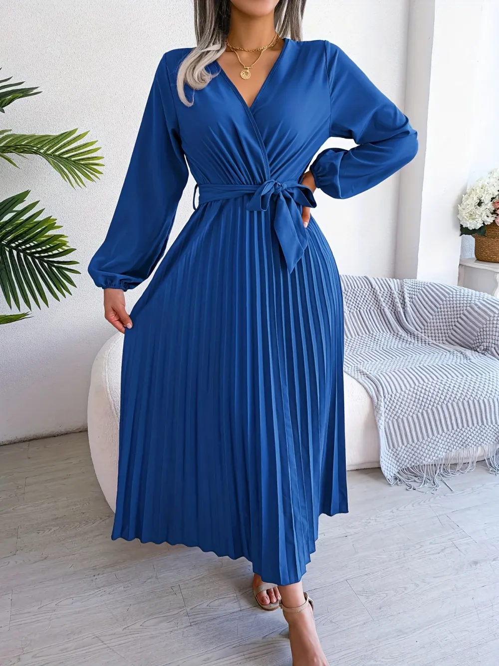 Chic Pleated Dress with Surplice Neckline