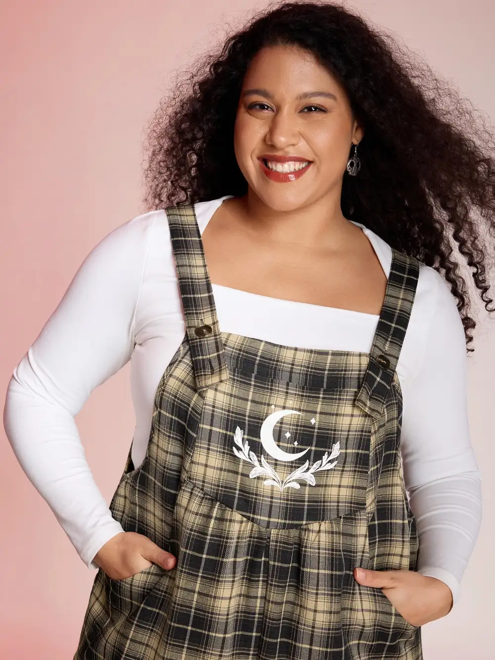 Plaid Print Moon Motif Pockets Jumpsuit