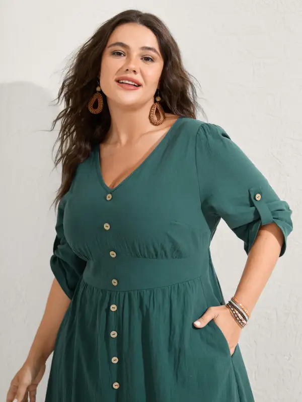 Pure Cotton Button Gathered Sleeve Midi Dress