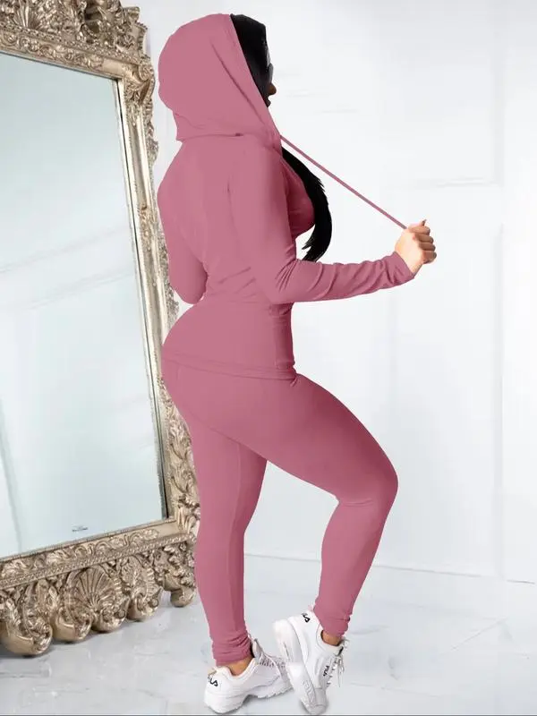 Women's Fall 2-Piece Set: Zipper Hoodie & Skinny Pants (Pocket Design)