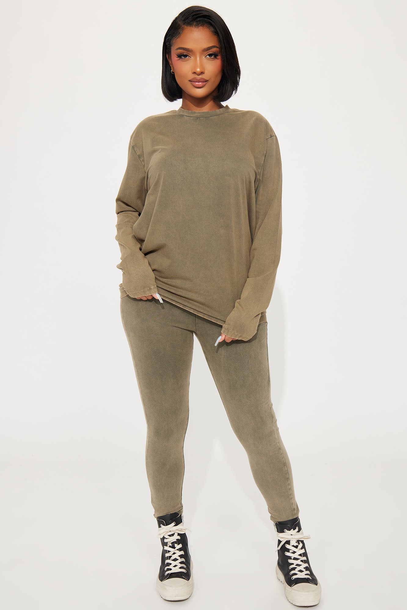 Stepping Out Mineral Wash Long Sleeve Legging Set - Olive