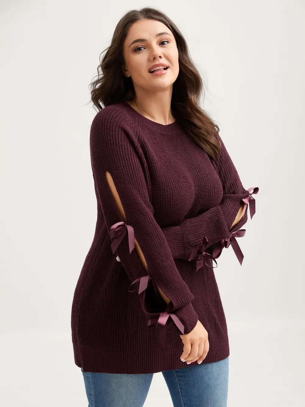 Bowknot Cut-Out Sleeve Solid Pullover