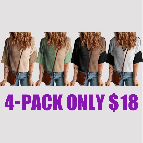 Women's Colorblock Waffle Knit Tops – 2025 Summer Fashion Half Sleeve V-Neck Casual Blouses