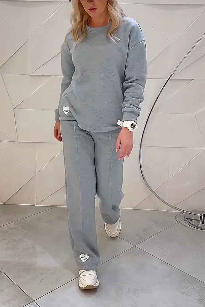 Women's solid color round neck top and pants two-piece set