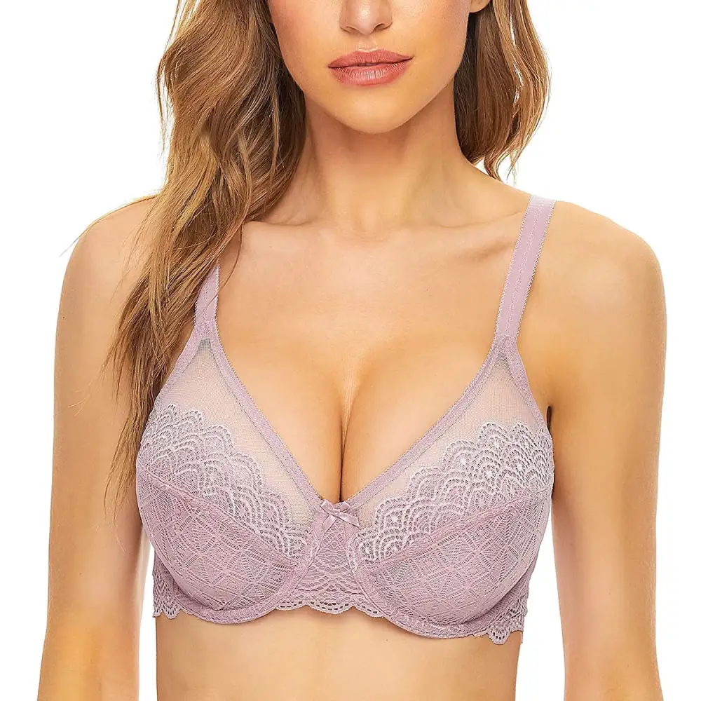 Women's Semi Through Minimizer Bra Unlined Sexy Lace Full Coverage Underwire Plus Size Bra