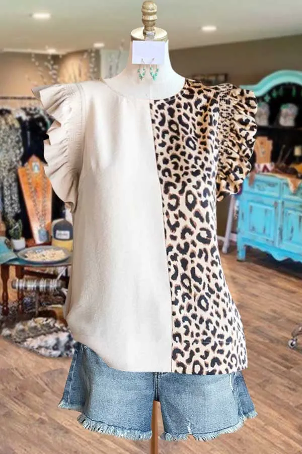 Colorblock Leopard Print Ruffle Top