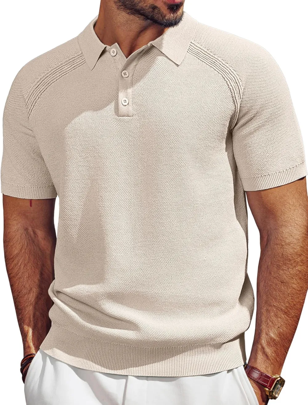 Men's Polo Shirt Short Sleeve Textured Knit Button Shirts Raglan Sleeve Casual Golf Shirt