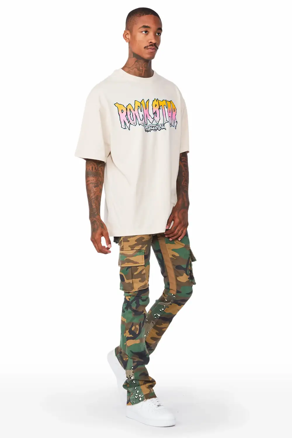 Kirrem Faded Camo Stacked Flare Jean