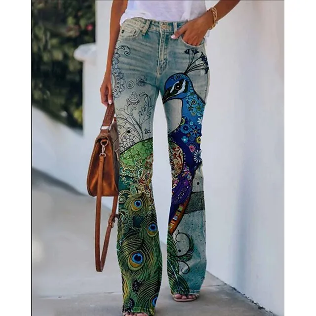 Women's Jeans Flared Pants Bell Bottom Full Length Faux Denim Side Pockets Print Micro-elastic Fashion Halloween Weekend Blue Red & White S M