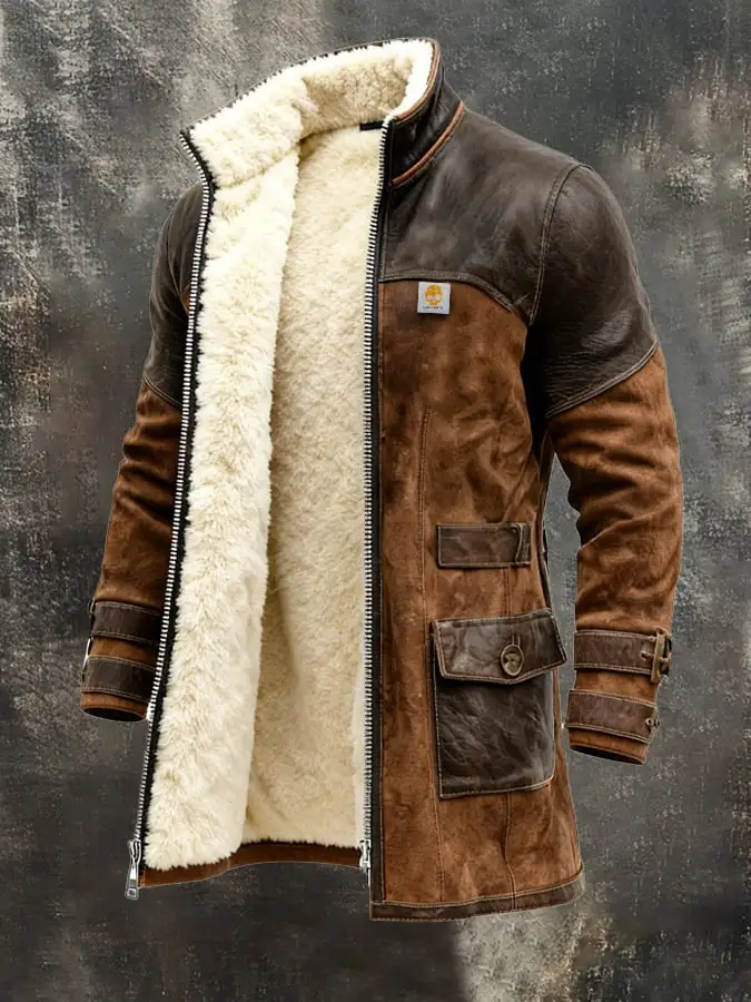 Men's Vintage Brown Shearling Coat With Fur Collar