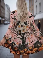 Halloween Women's Coat Lightweight Comfortable Pumpkin Print Vintage Artistic Casual Skull Casual Long Collarless Regular Fit Long Sleeve Outerwear Black White Pink Spring Fall