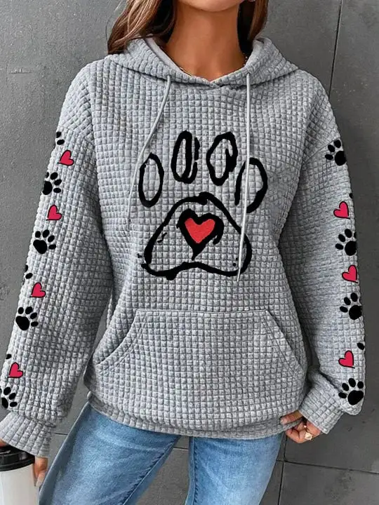 Women's Dog Paw Print Love Waffle Hooded Sweatshirt
