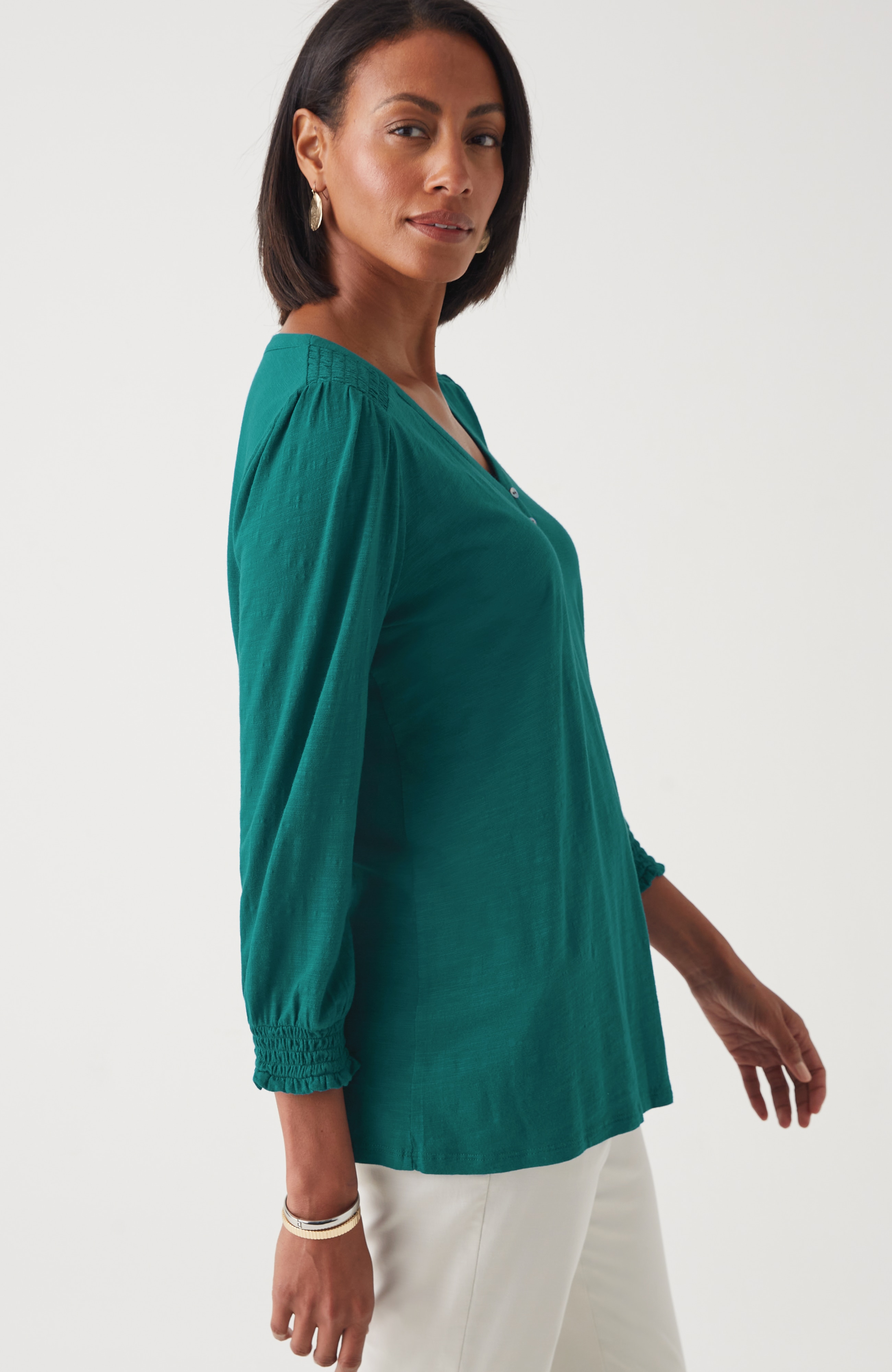 Smocked-Sleeve Henley Top