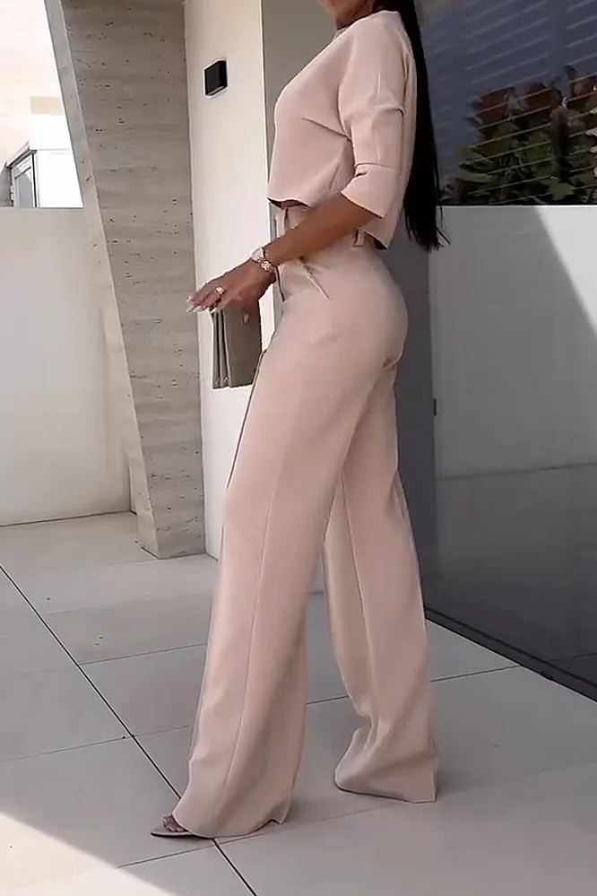 Women's solid color casual top and wide leg pants two-piece set
