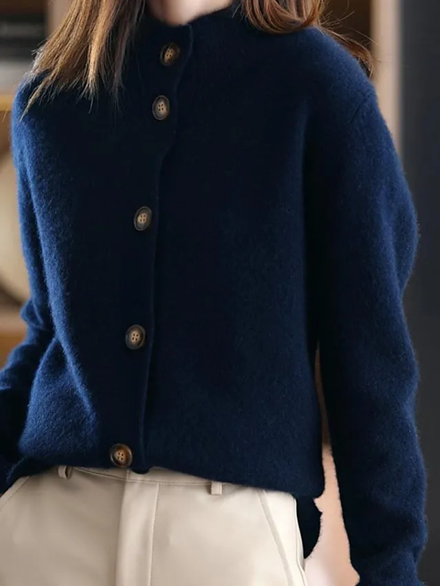 Women's Cardigan Sweater Stand Collar Knit Button Knitted Fall Winter Outdoor Home Daily Stylish Basic Casual Long Sleeve Pure Color Camel Brown
