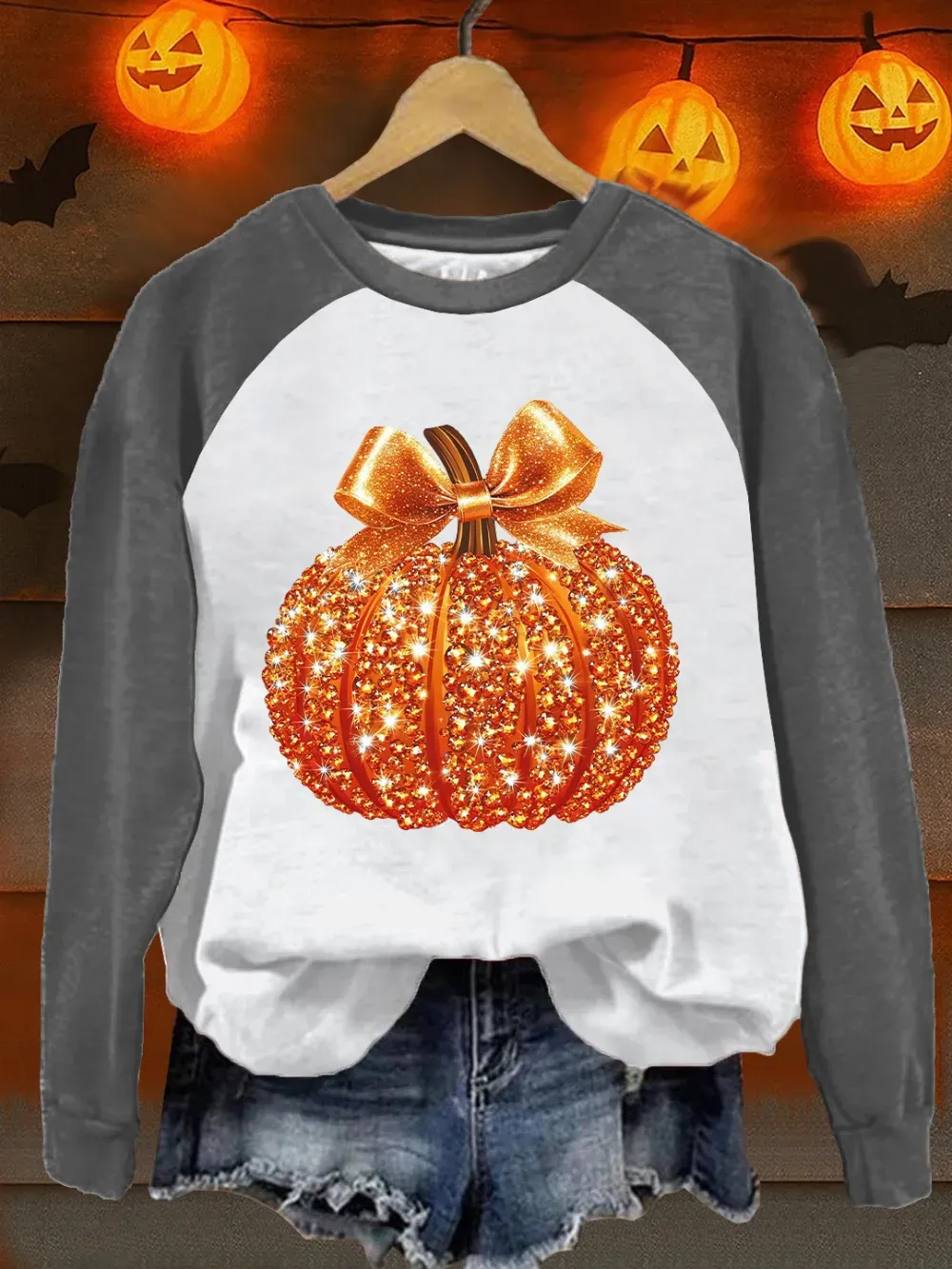 Women'S Retro Autumn Pumpkin Print Raglan Sleeve Sweatshirt