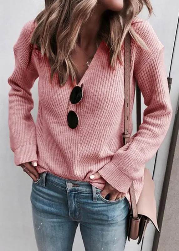 V-neck Solid Long Sleeve Sweater