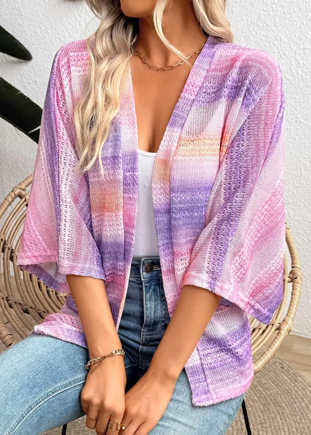 Purple Ombre 3/4 Sleeve V Neck Topper