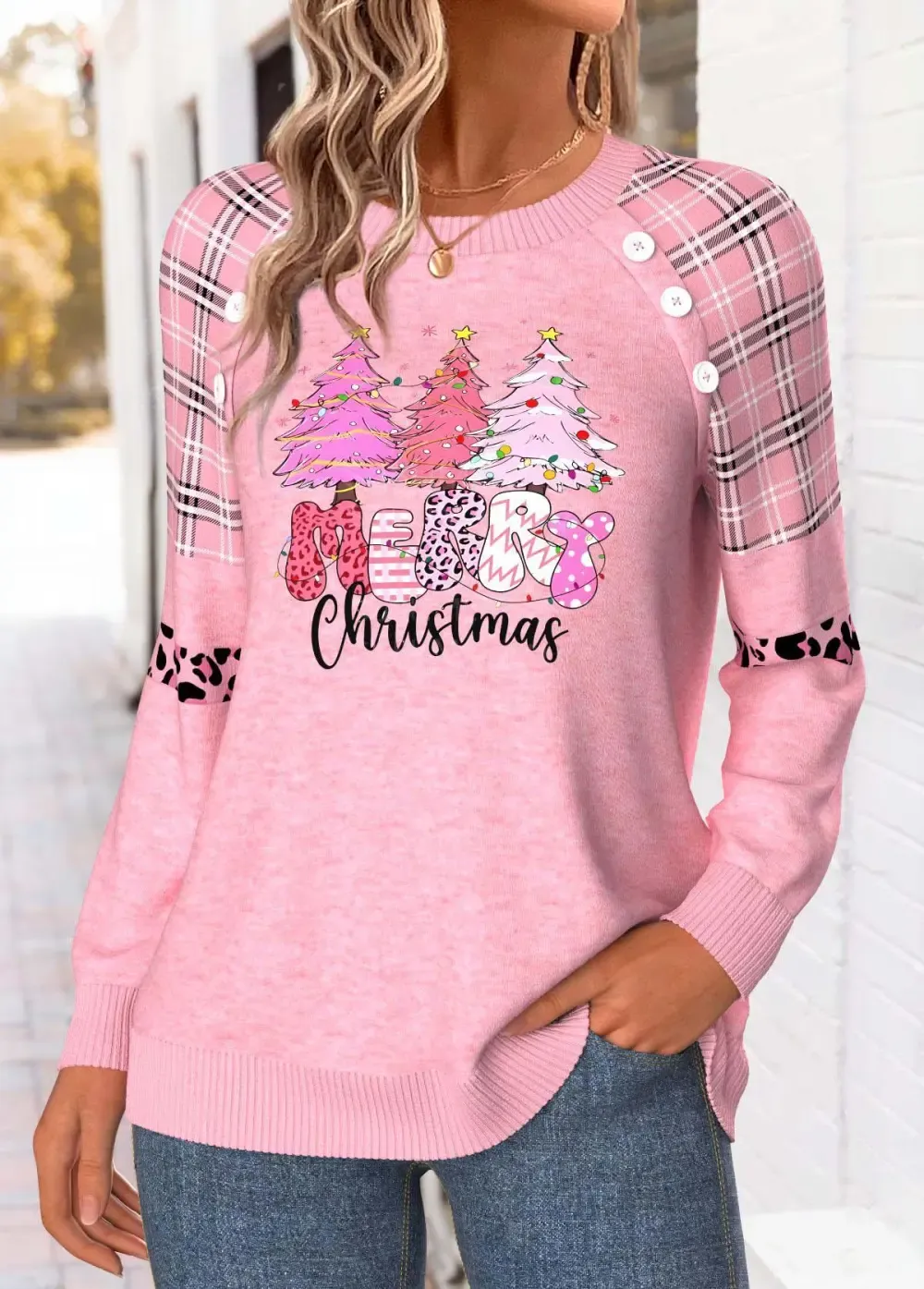 Christmas Light Pink Tummy Coverage Long Sleeve Sweatshirt