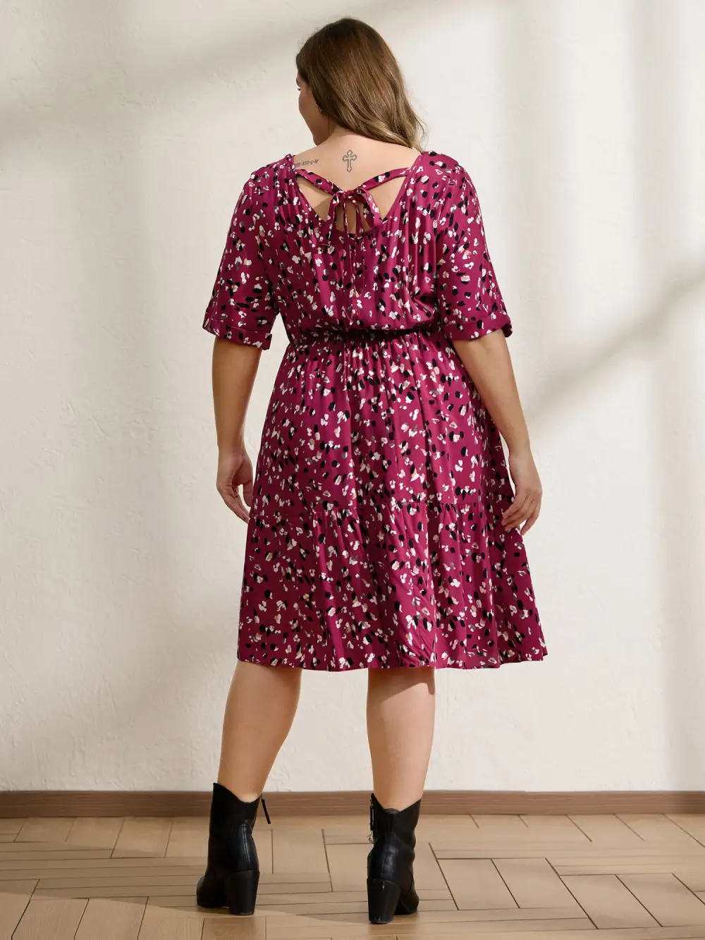 Leopard Print Backless Tie Pockets Midi Dress