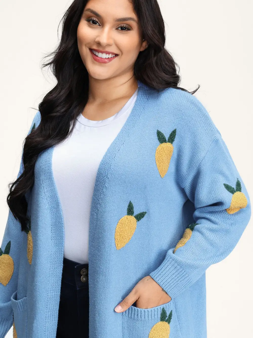 Lemon Embroidery V-Neck Pockets Knit Cardigan