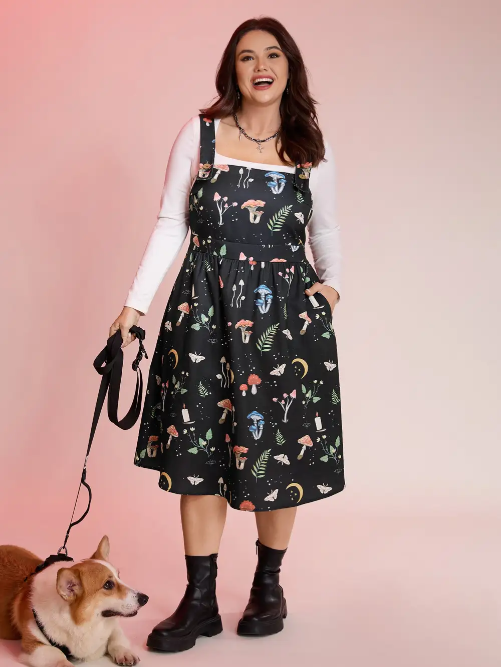 Mushroom Print Adjustable Strap Midi Dress